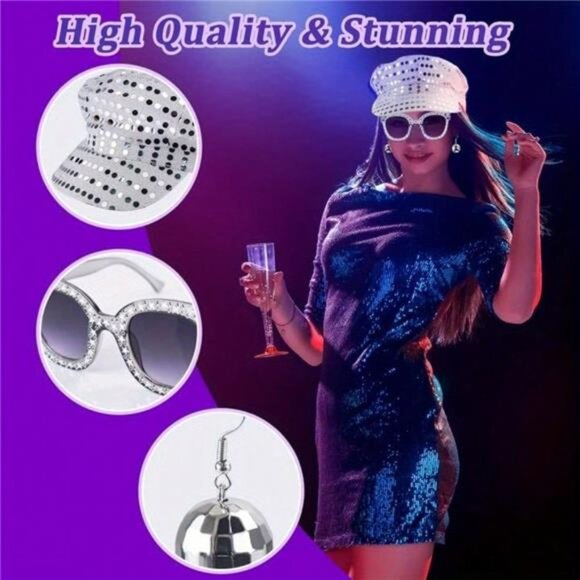 3pcs/Set Vintage Disco Women\'s Clothing Set - Including Glasses, Hat, Earrings main image 4